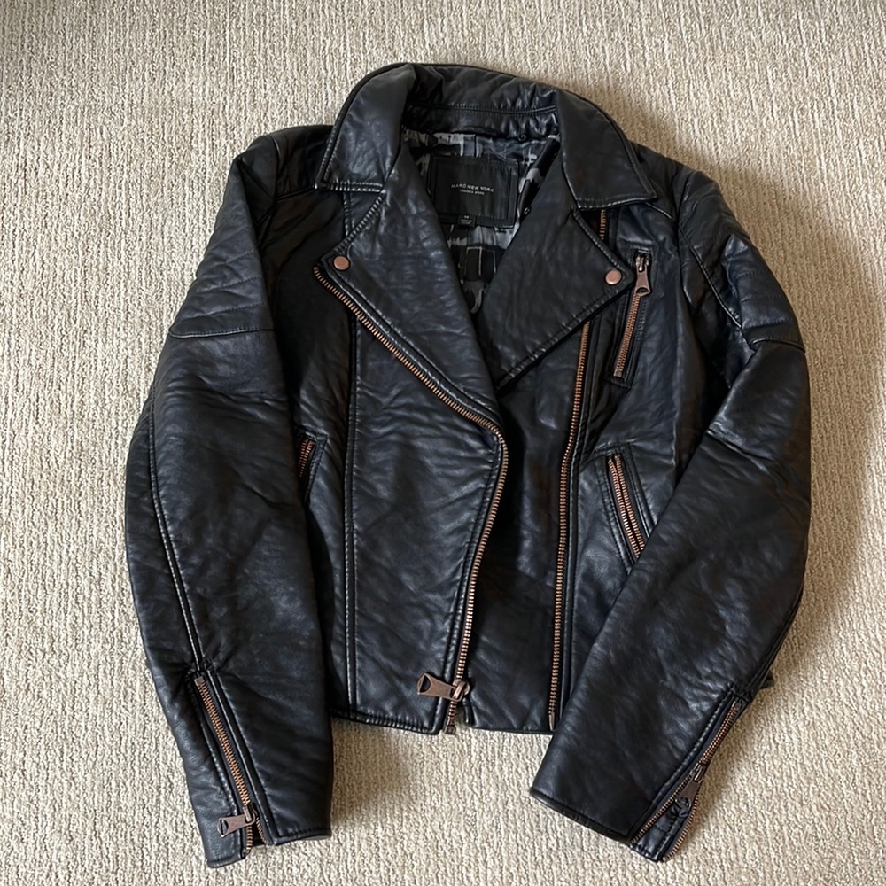 Marc New York Black Leather Biker Jacket with Brown Zippers